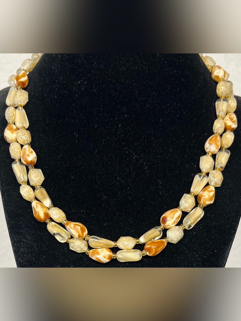 Vintage Double Strand Beige and Amber Beaded Necklace